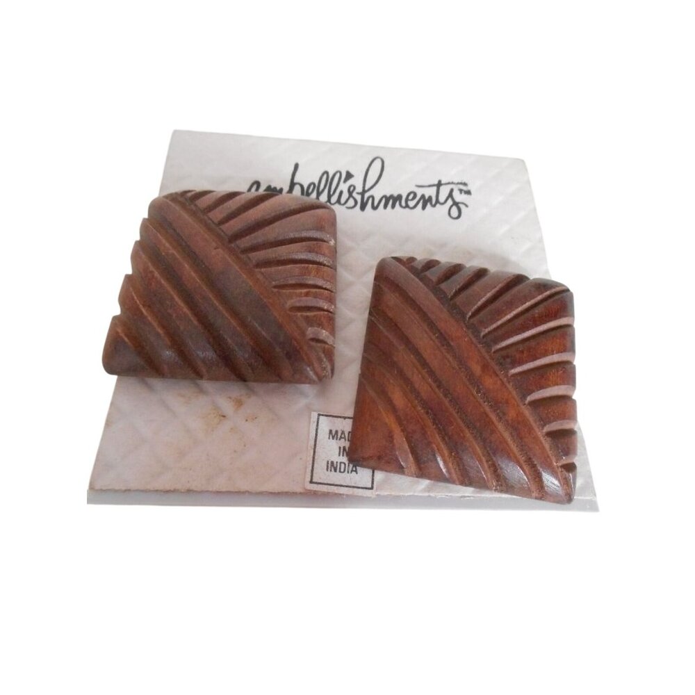 NIB Vintage Wood clip on earrings Square 1980s costume jewelry dark brown